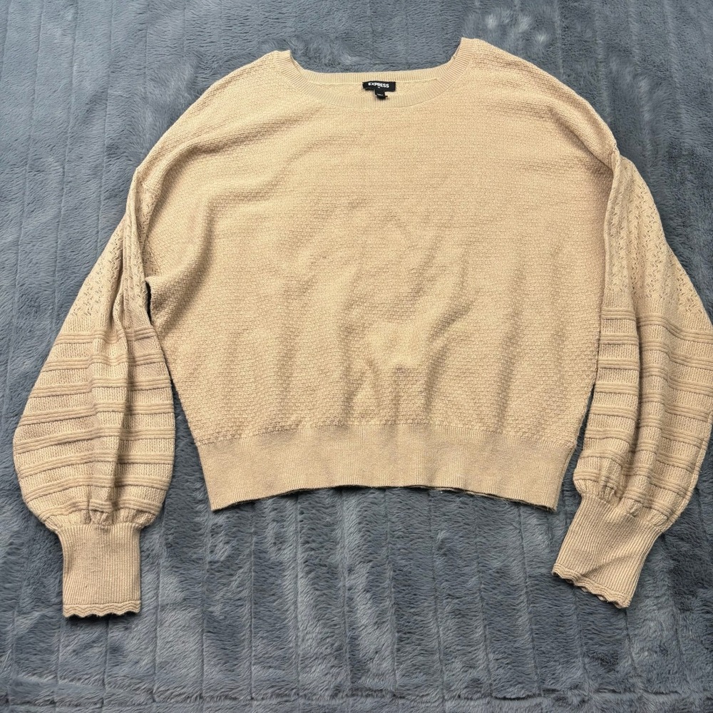 Express Women Tan Beige Textured Knit Balloon Sleeve Scallop Cuff Sweater Small